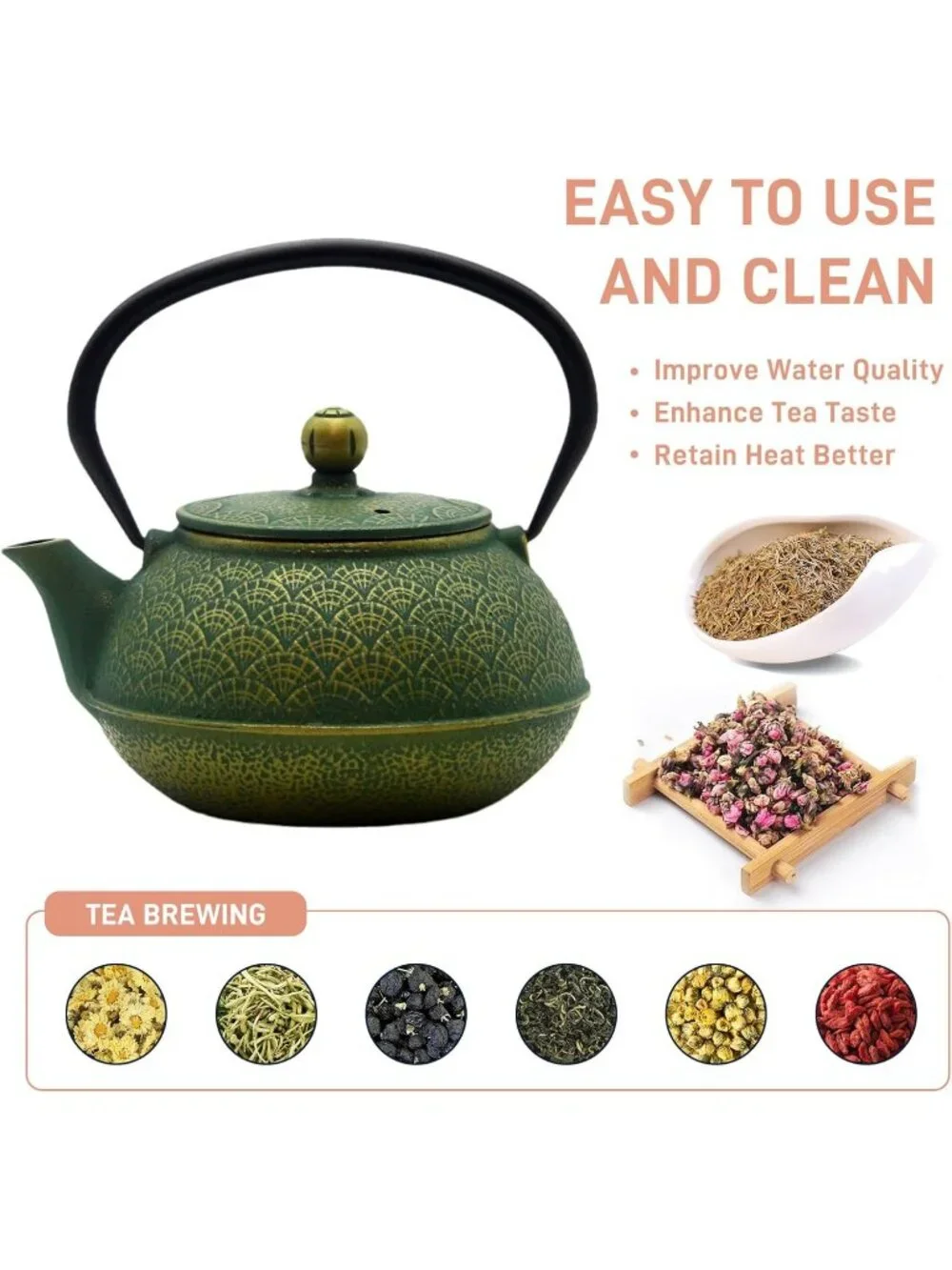 Green Cast Iron Teakettle 900ml Enameled Interior Stovetop Safe Kitchen Teapot